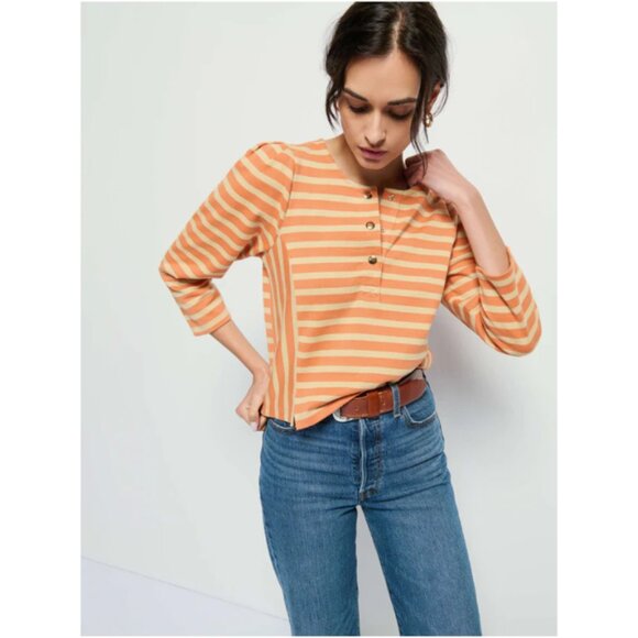 Nation Los Angeles NWT Women's Caramel Prato Stripe JANNEY Henley, Size Medium - Picture 1 of 7